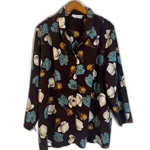 Graver Studio Brown Floral Print Button Front Lightweight Blouse Size XL